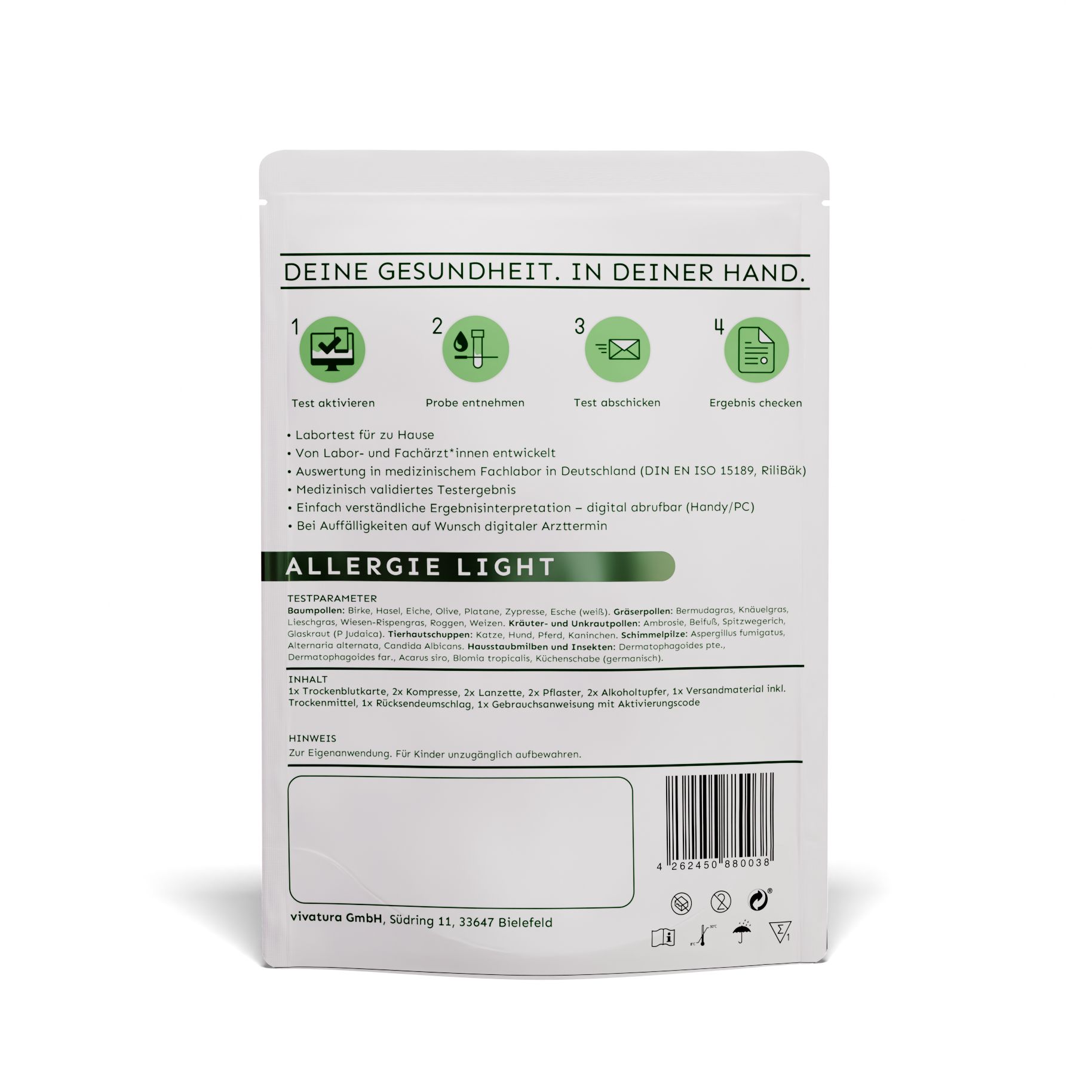 Rückseite der Verpackung mit Text: ALLERGIE LIGHT, Testparameter, Inhaltsstoffe, Hinweise. Barcode und Logo.