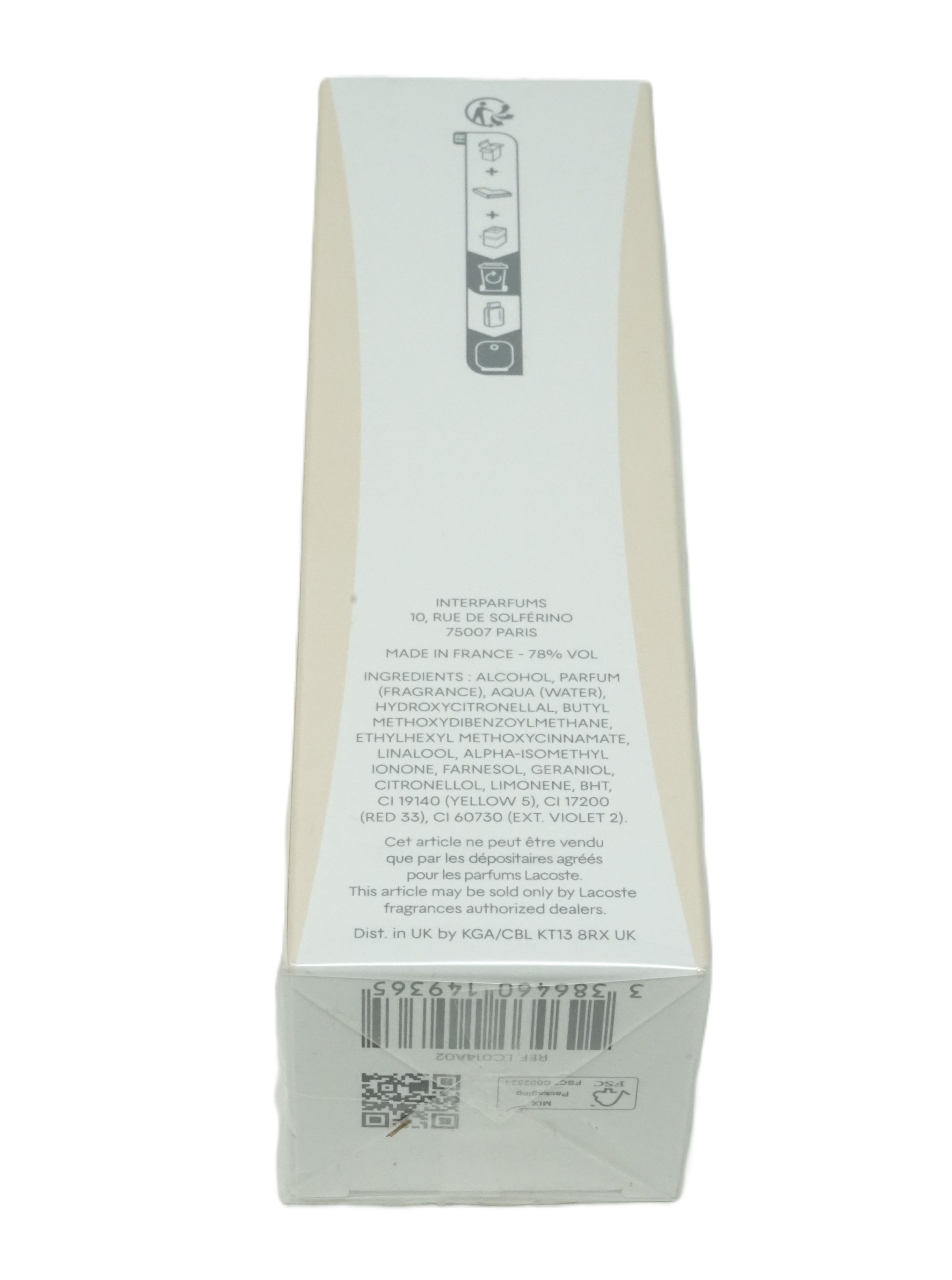 Rückseite der Lacoste Pour Femme Eau de Parfum 50ml Umverpackung mit Inhaltsstoffen und Herstellerangaben.