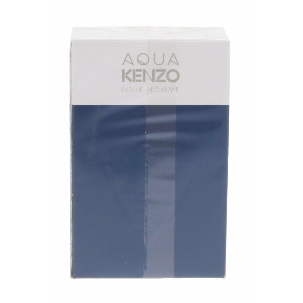 Verpackung von Aqua Kenzo pour Homme, Eau de Toilette. Blau-weiß, Wellenmotiv. Klarer Kunststoff.