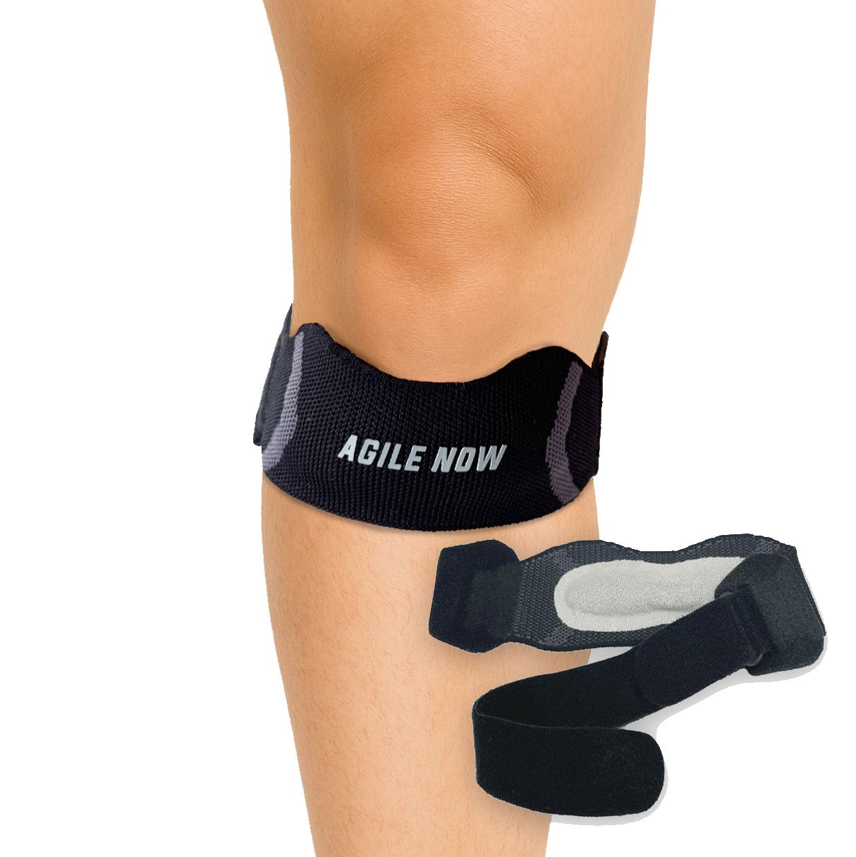 Schwarze Kniebandage mit "AGILE NOW" Schriftzug. Gezeigt am Knie und separat. Klettverschluss.