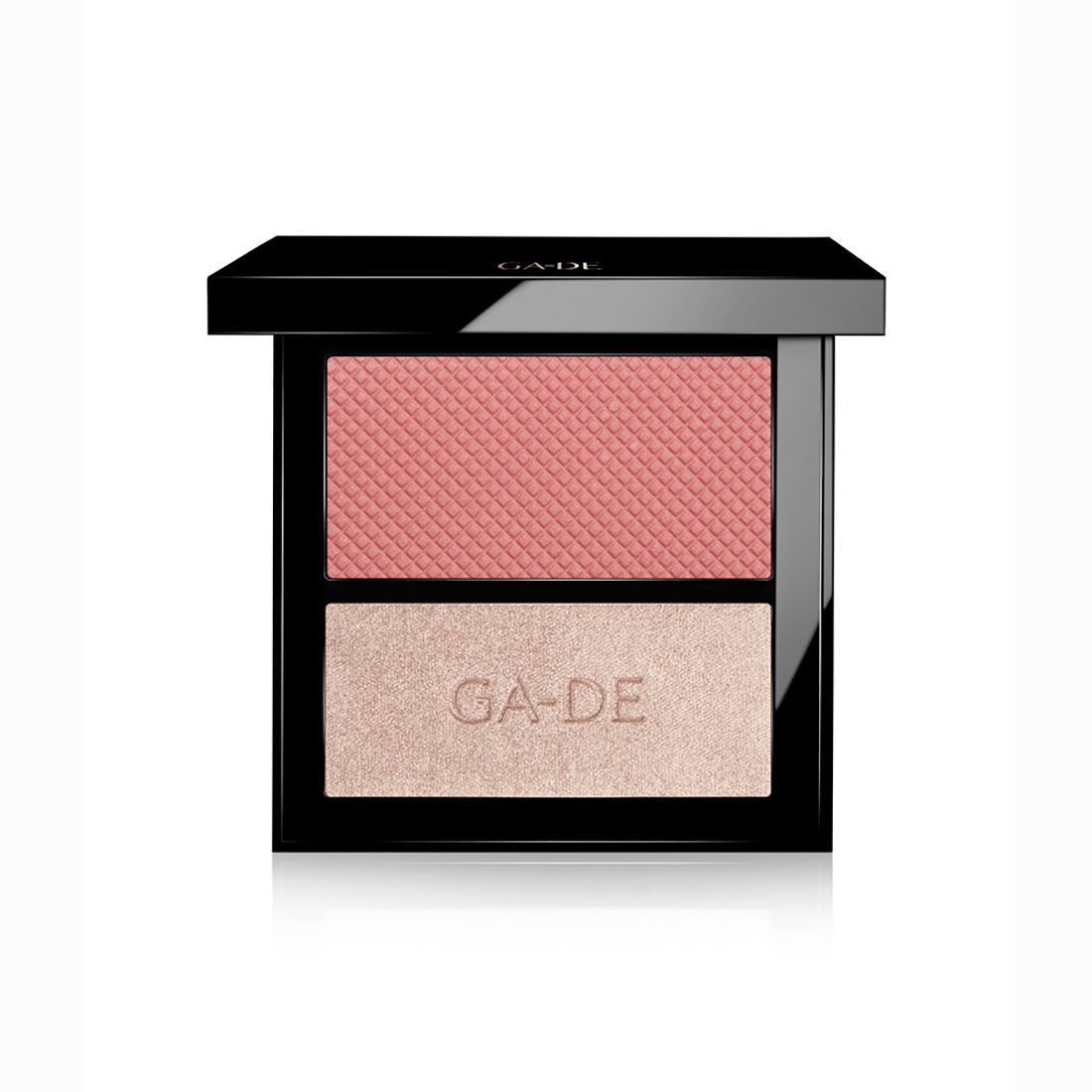 Kompaktes Kosmetikprodukt mit zwei Farbtönen: Rosa Rouge und schimmerndes Beige. Schwarzer Rahmen, Marke GA-DE.