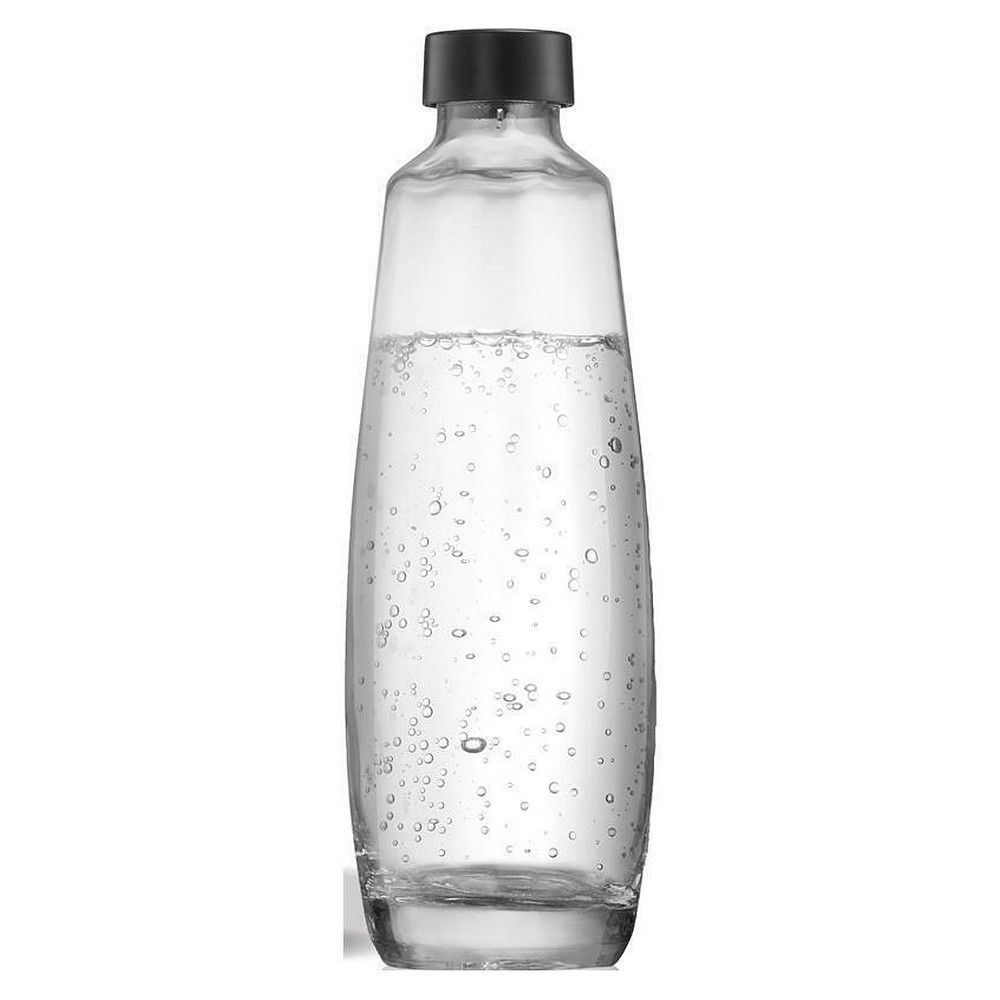 SodaStream 1L Glasflasche mit schwarzem Deckel, gefüllt mit Wasser.