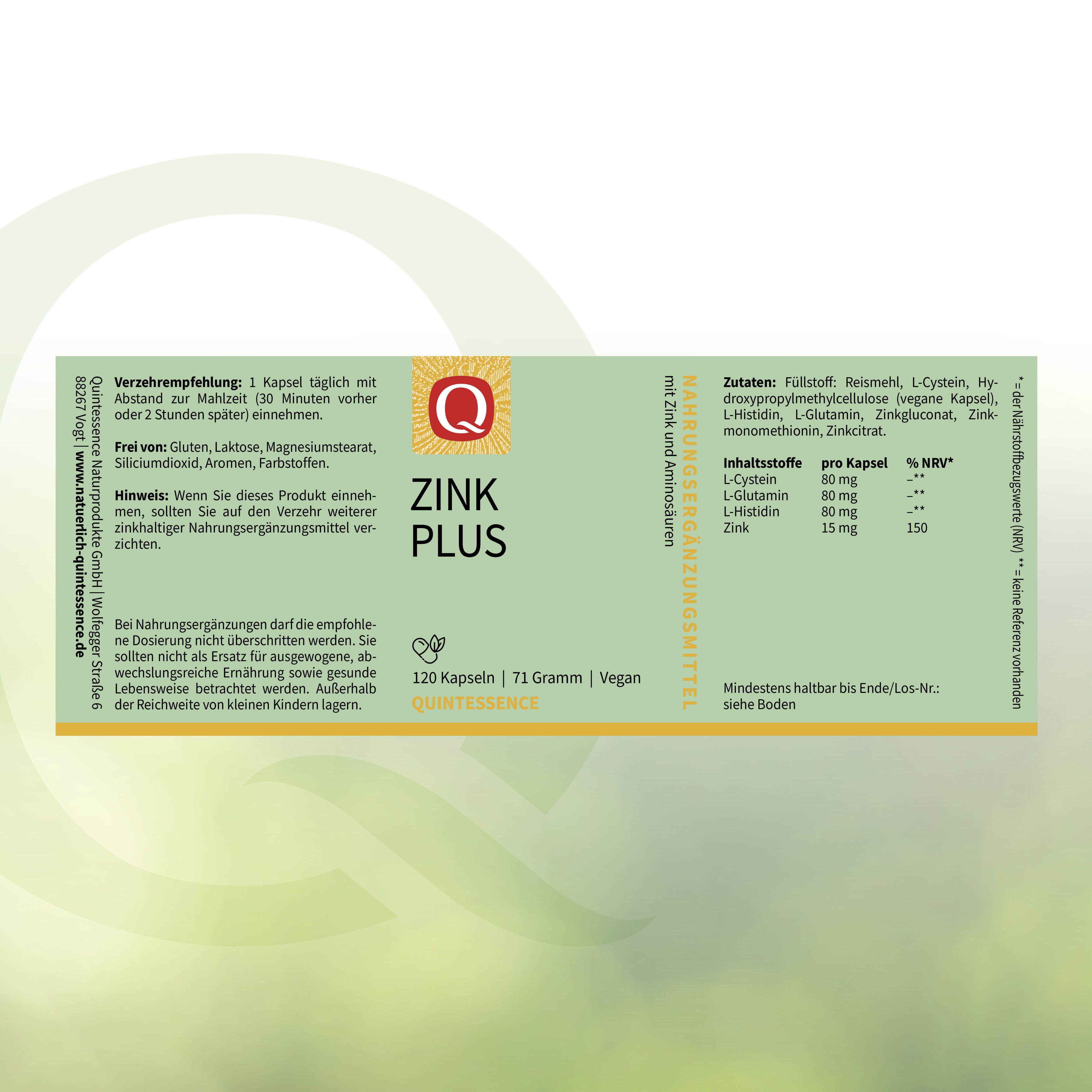Produktverpackung mit Text: Zink Plus, 120 Kapseln, Quintessence. Grüne Etiketten mit Produktinformationen und Zutaten.