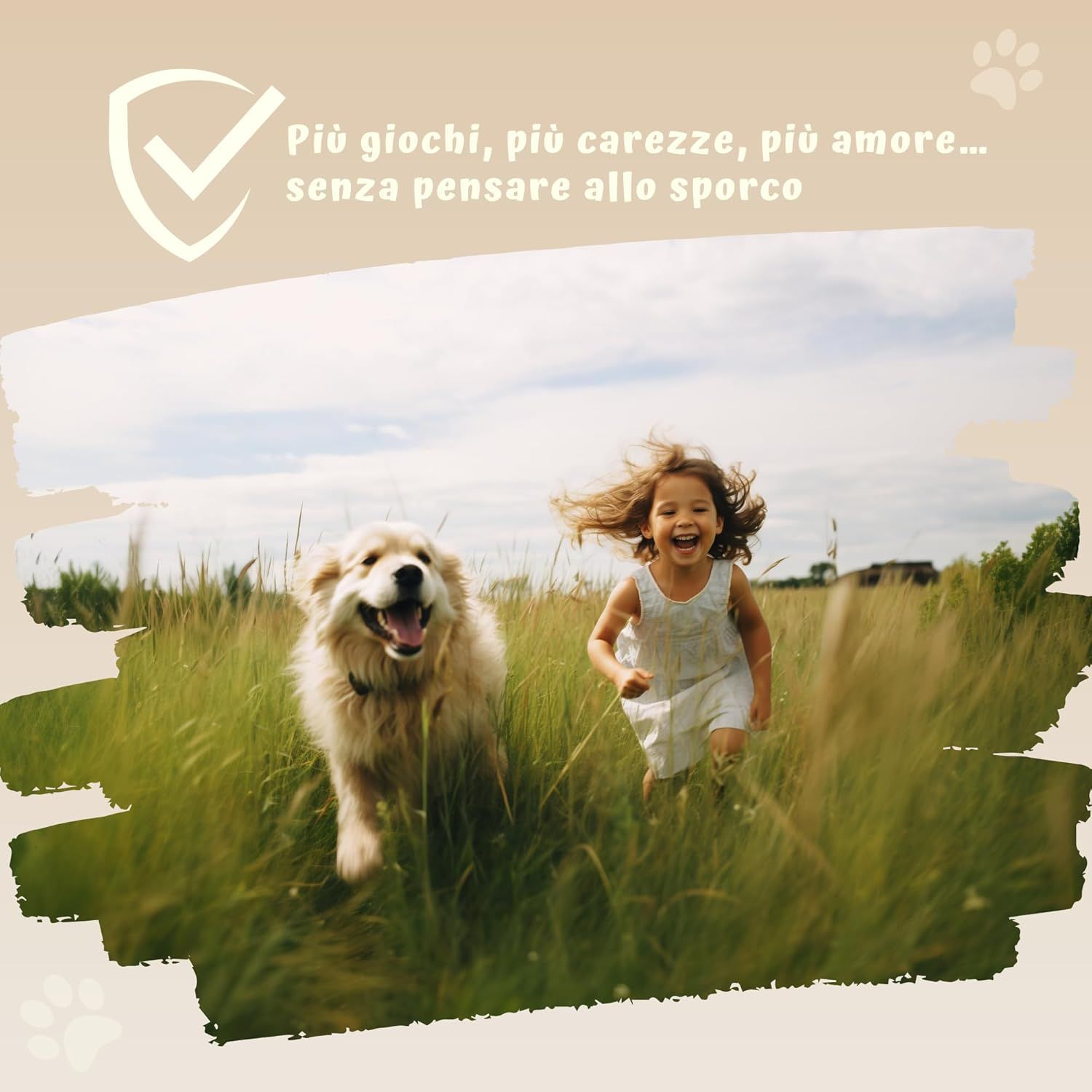 Hund und Kind spielen auf einer Wiese. Text: Mehr Spiel, mehr Zuneigung, mehr Liebe... ohne an Schmutz zu denken.