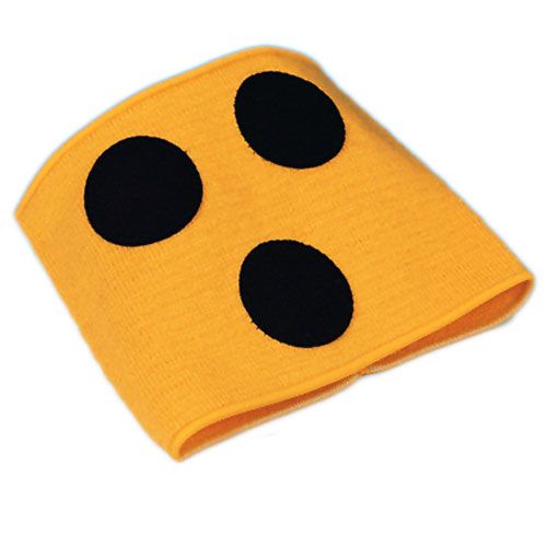 Gelbe Armbinde mit drei schwarzen Kreisen. Textilmaterial, rechteckige Form. Für Blinde.