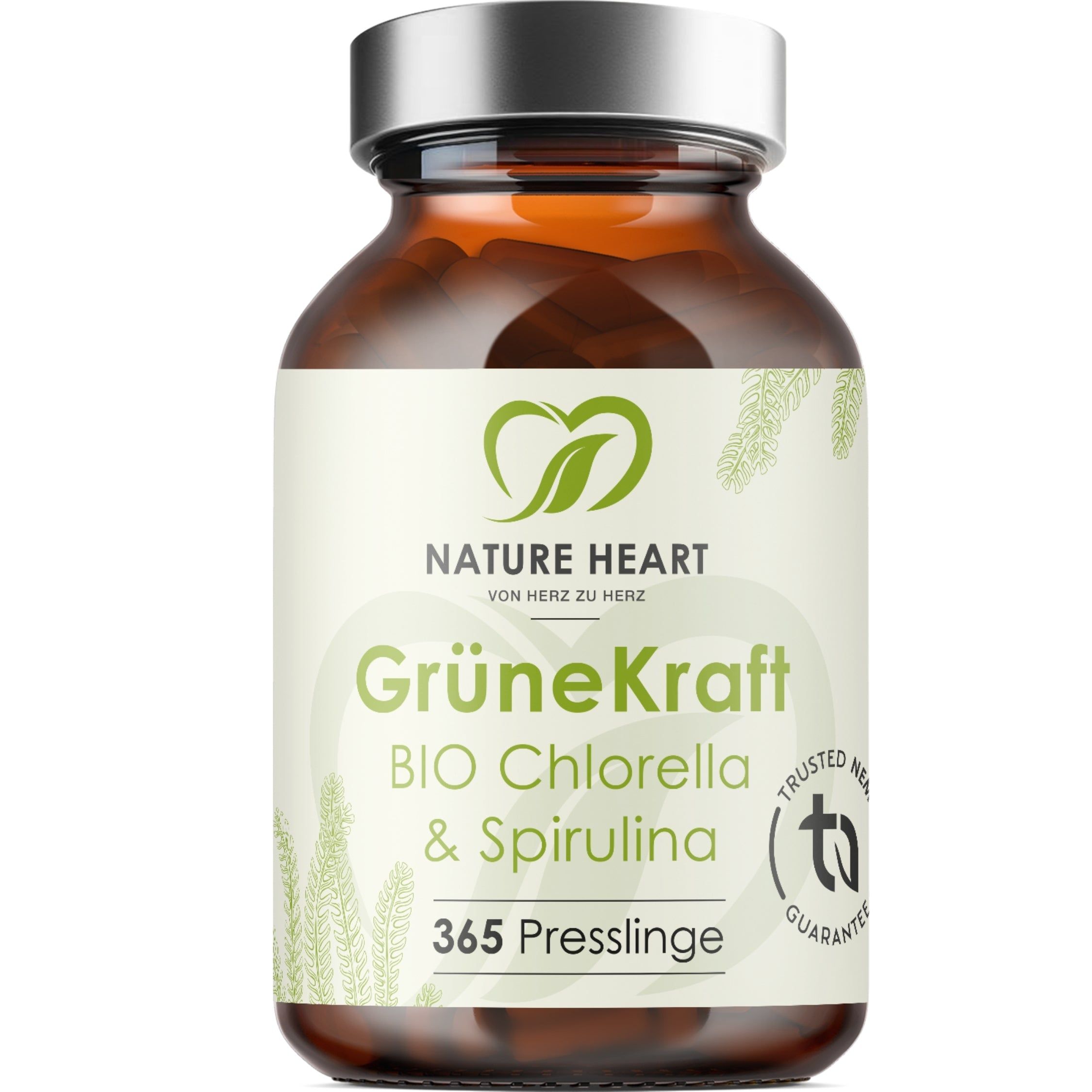 Braunglasflasche mit Nature Heart Grüne Kraft Bio Chlorella & Spirulina Presslingen. 365 Presslinge.