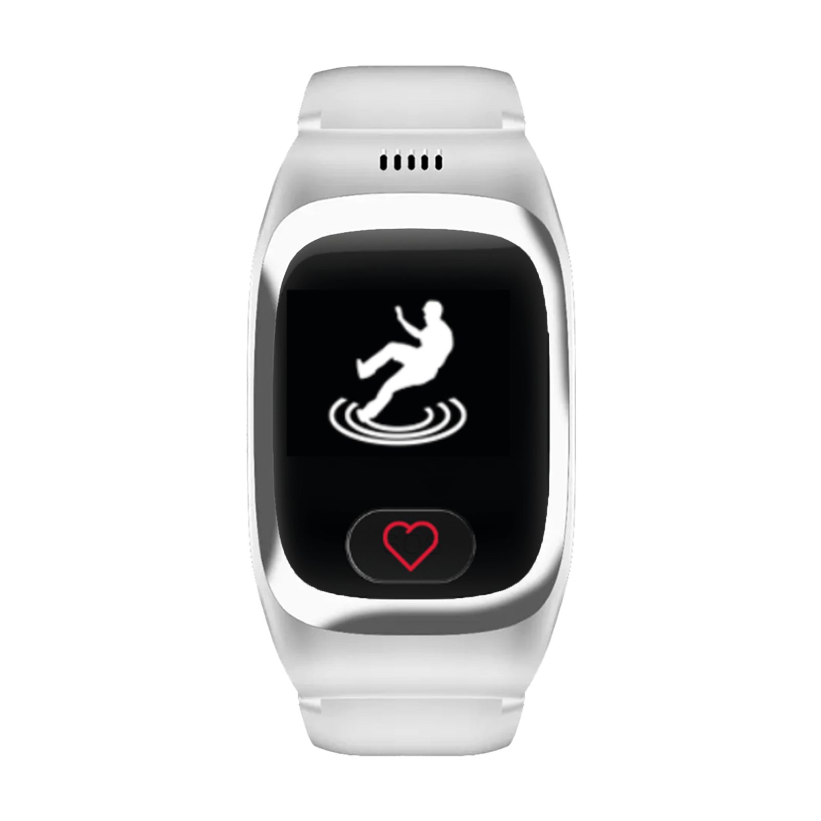 Weiße Smartwatch mit Sturzerkennungssymbol und Herzsymbol.