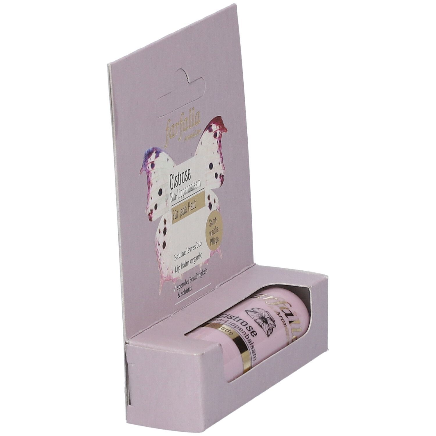 Farfalla Cistrose Bio-Lippenbalsam in rosa Verpackung mit Schmetterlingsmotiv.