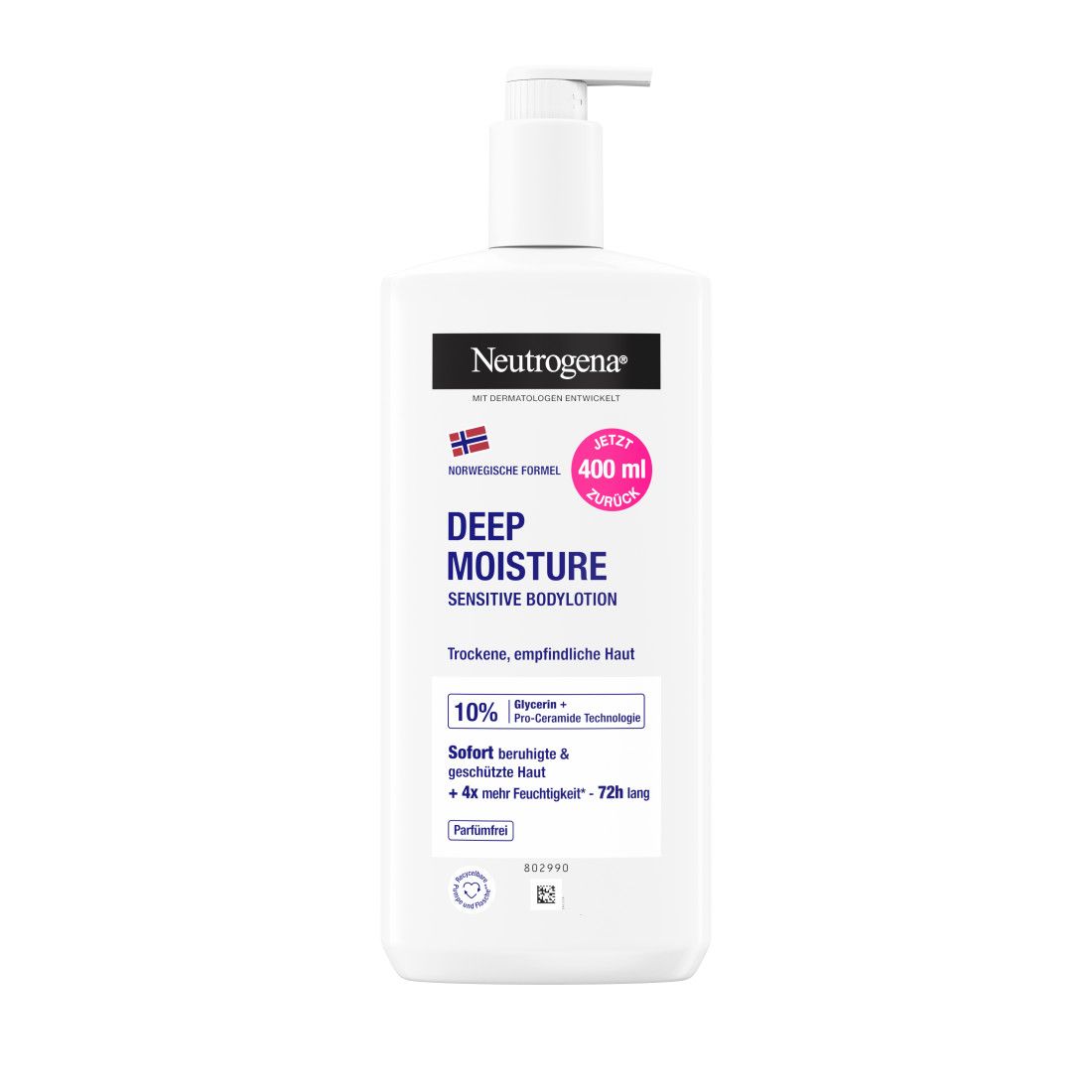 Weiße Flasche mit Pumpverschluss. Aufschrift: Neutrogena, Deep Moisture Sensitive Bodylotion. Pinker Aufkleber: 400 ml. Text: Trockene, empfindliche Haut.