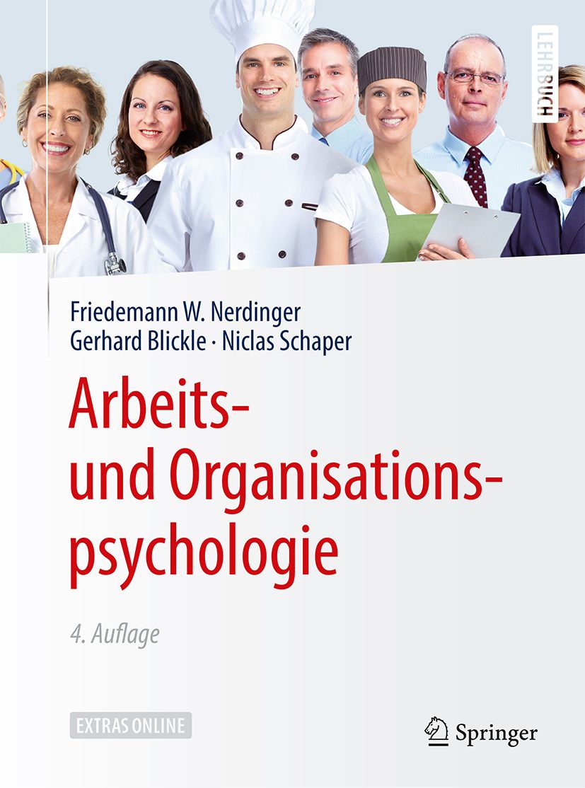 Buchcover mit Titel: Arbeits- und Organisationspsychologie. Autoren und Springer-Logo sichtbar. Personen aus verschiedenen Berufen.