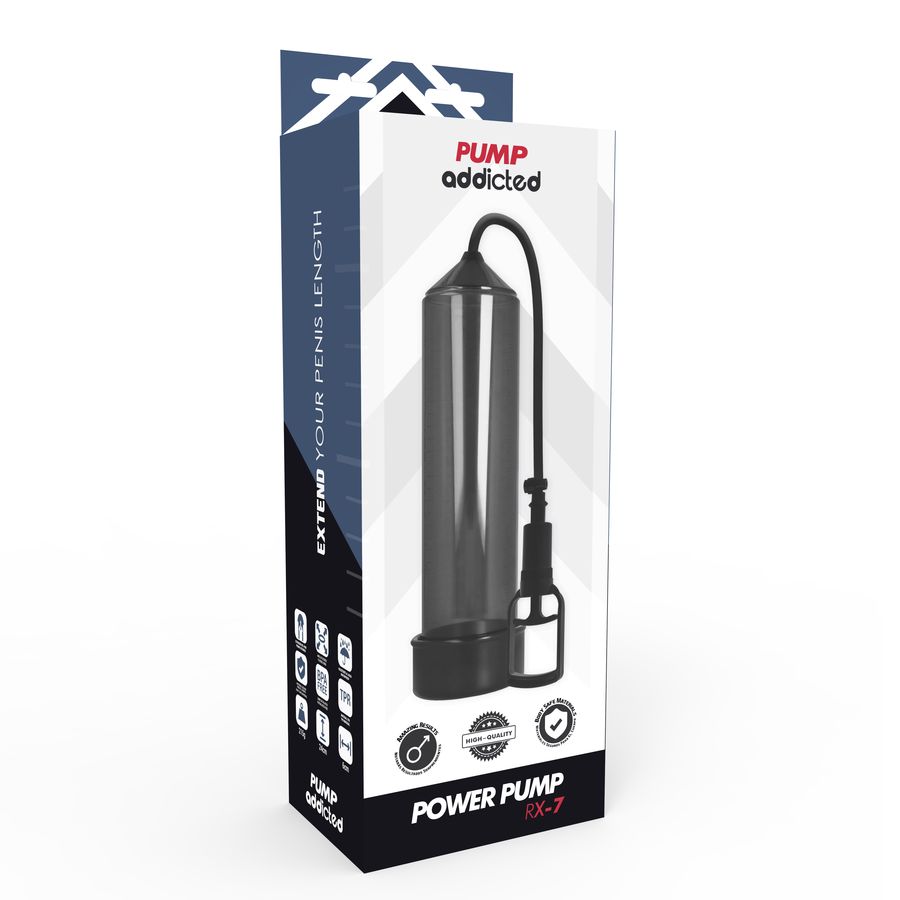 Verpackung für eine Pumpe. Aufschrift: POWER PUMP RX-7. Marke: Pump Addicted. Enthält eine transparente Pumpe.