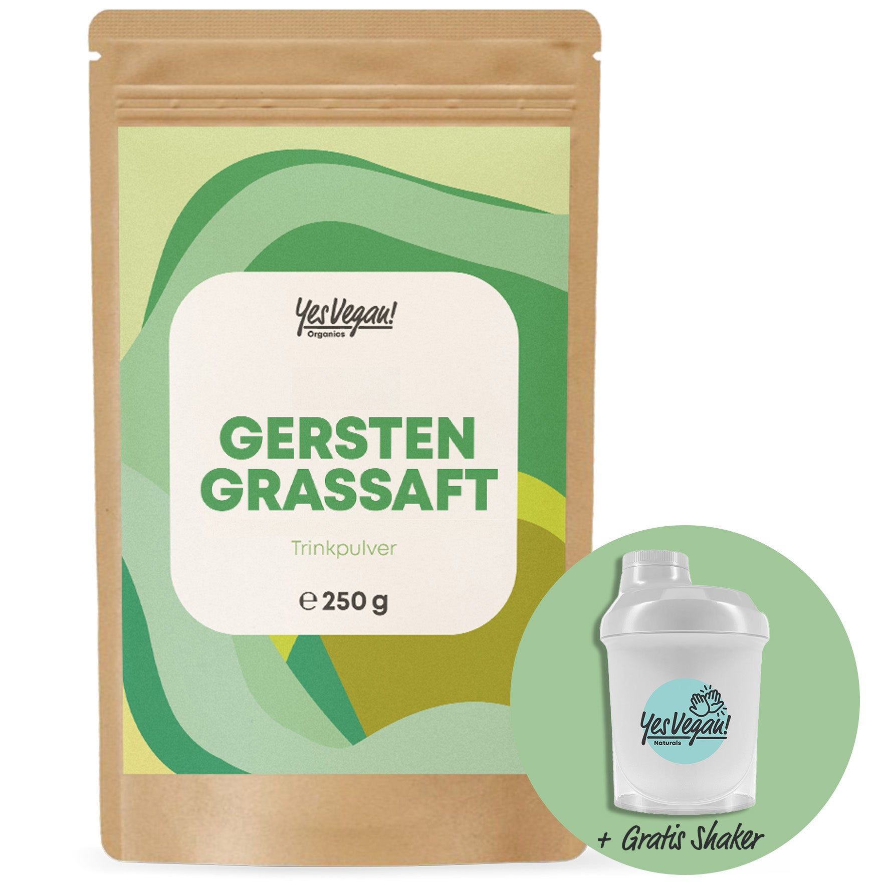 Produktverpackung mit Gerstengrassaft und Shaker. Text: Gratis Shaker.