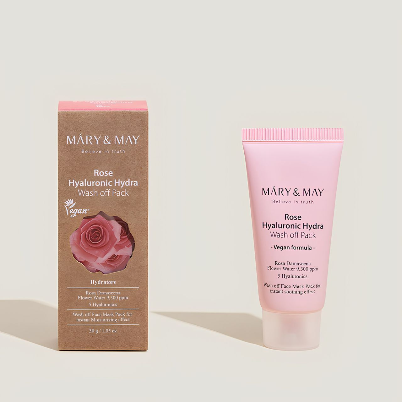 Verpackung und Tube des MARY & MAY Rose Hyaluronic Hydra Wash off Pack.