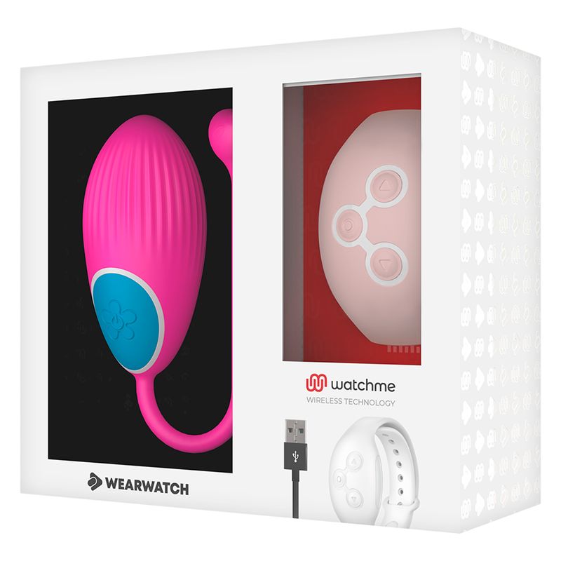 Verpackung mit Produkt. Rosa Ei-förmiges Produkt und Armband. USB-Kabel. Logo: watchme. Wearwatch-Logo.