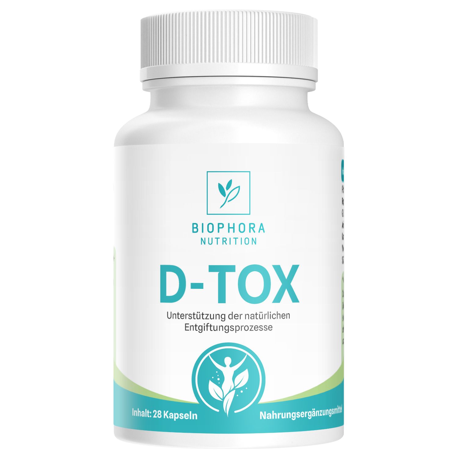 Weiße Kapsel-Dose mit grünem Etikett. Aufschrift: D-TOX, Biophora Nutrition. Enthält 28 Kapseln.