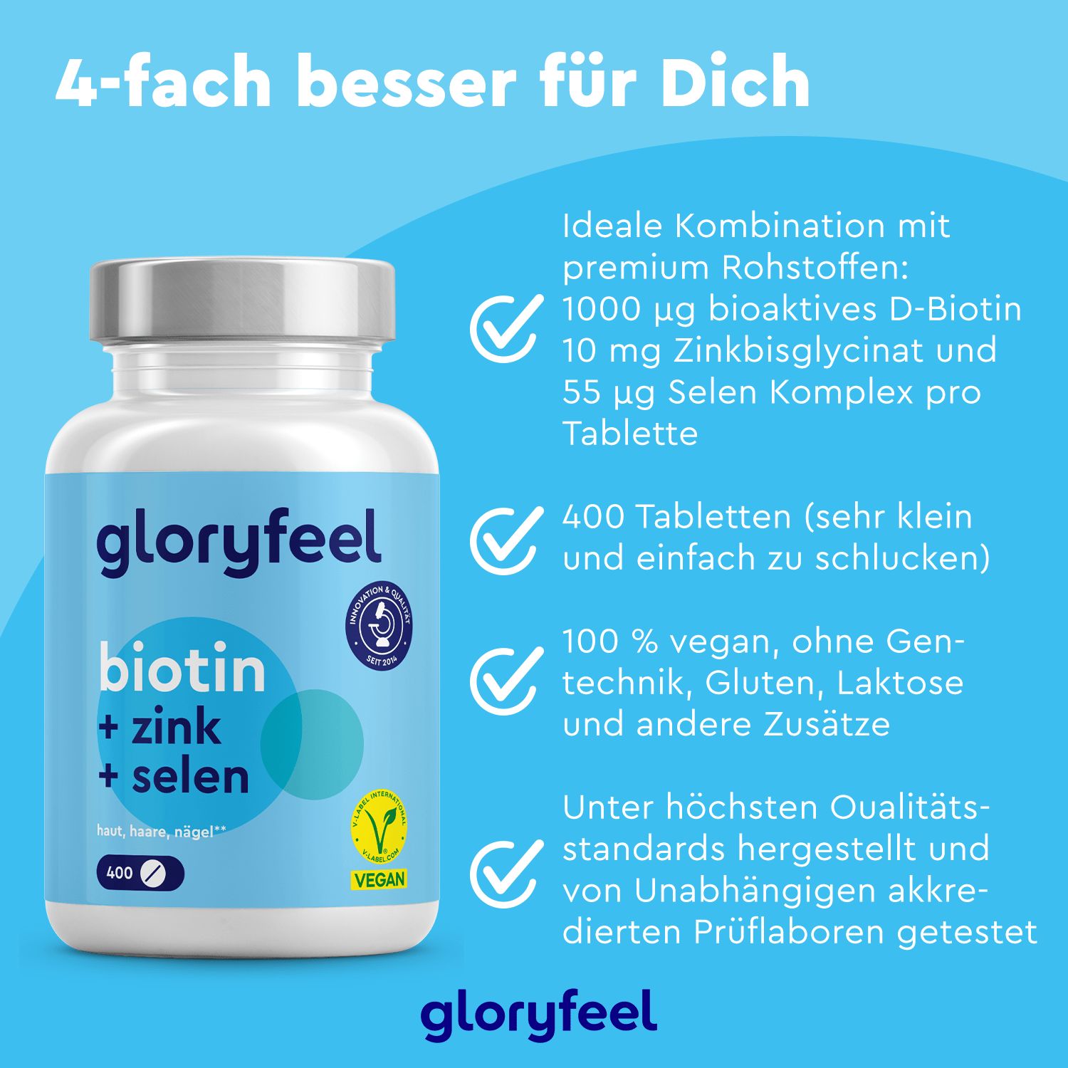 Zertifikat von Eurofins. Text: Geprüfte Qualität. Laborgeprüft. Made in Germany. Produktname: Biotin + Zink + Selen Tabletten.
