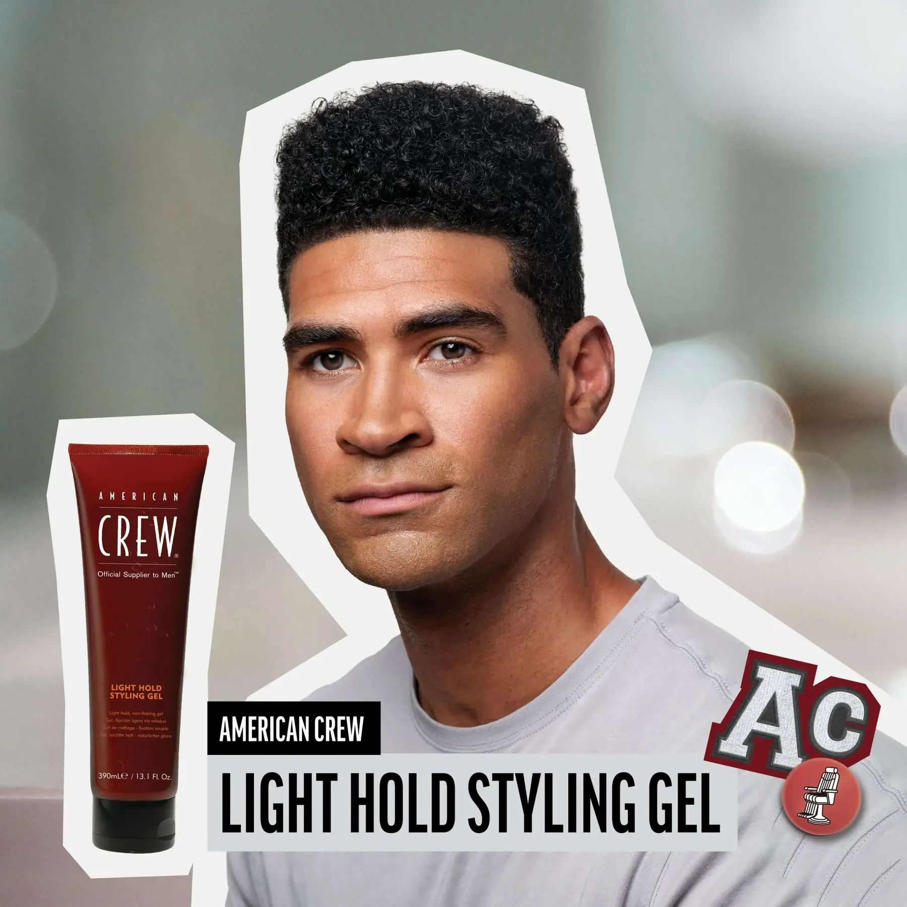 Mann mit Frisur, neben Produkt. Produkt: AMERICAN CREW LIGHT HOLD STYLING GEL. Braune Tube.