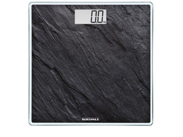 Körperwaage mit digitaler Anzeige. Schwarze Steinoptik, rechteckig. Anzeige: 0.0 kg. Marke: Soehnle.