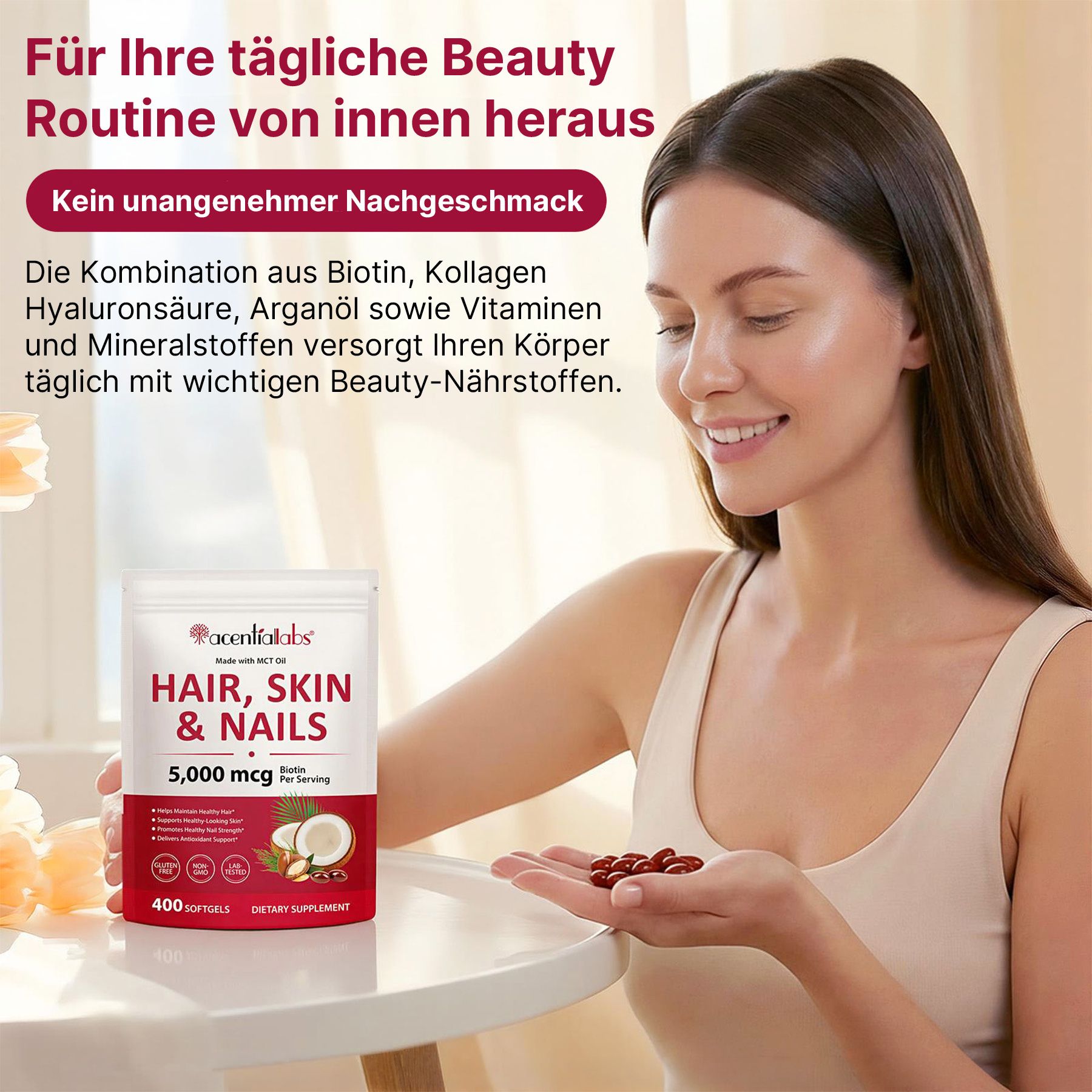 Verpackung für Haar-, Haut- und Nagelpräparate mit 5.000 mcg Biotin. Enthält 400 Kapseln.