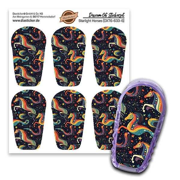 Diasticker® Dexcom G6 Stickerset "Starlight Horses". Sechs Aufkleber mit Pferde-Design und ein Sensor. Aufkleber mit Sternen.