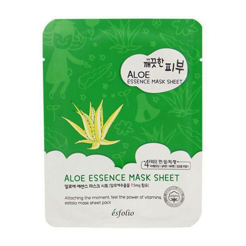 Gesichtsmaske mit Aloe-Extrakt. Grün-weiß Verpackung mit Aloe-Vera-Illustration und Schriftzug. Marke: Esfolio.