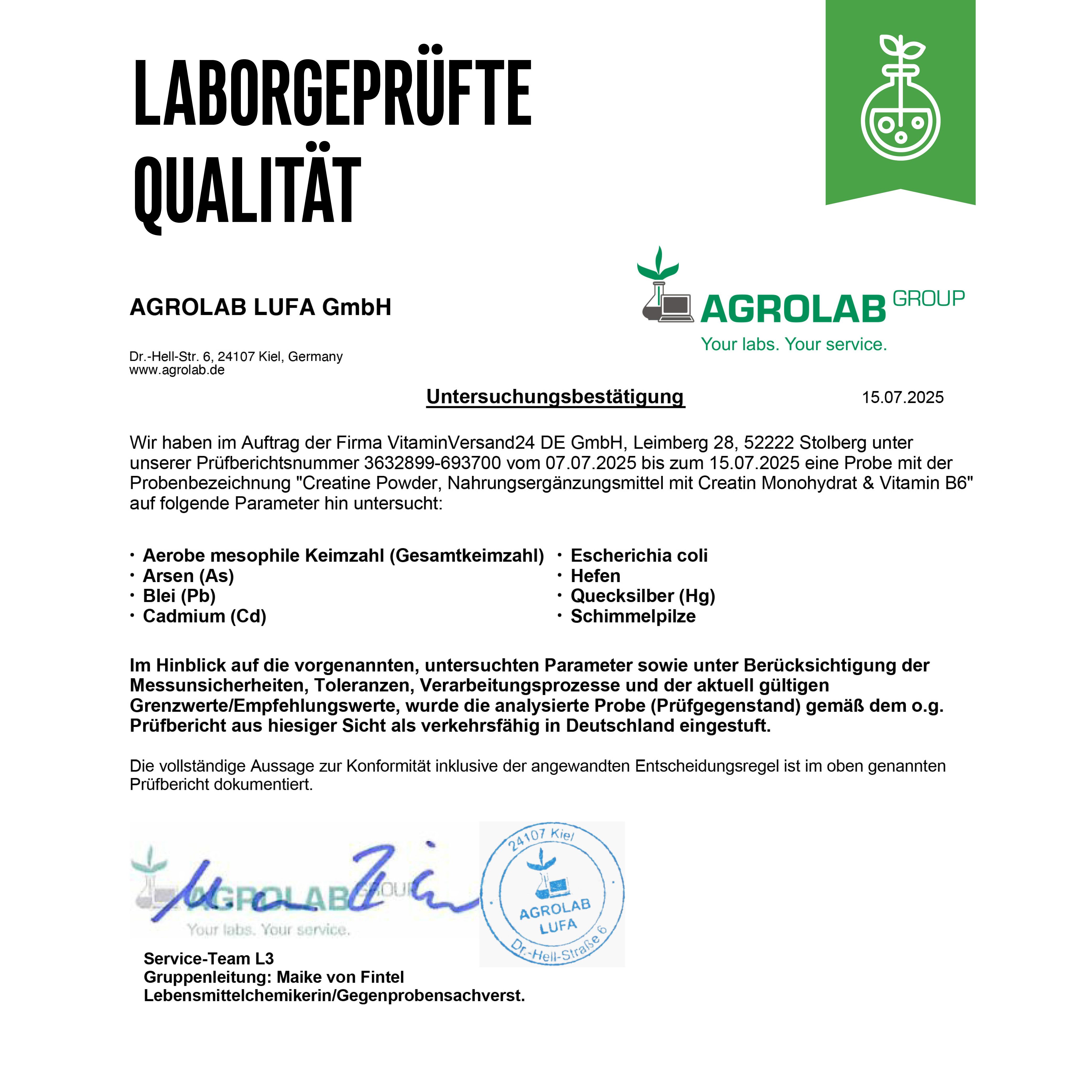 Laborgeprüfte Qualität. Bericht von Agrolab LUFA GmbH. Analyse von Creatine Powder, u.a. auf Schwermetalle und Keimzahl. Unterschriften und Stempel.