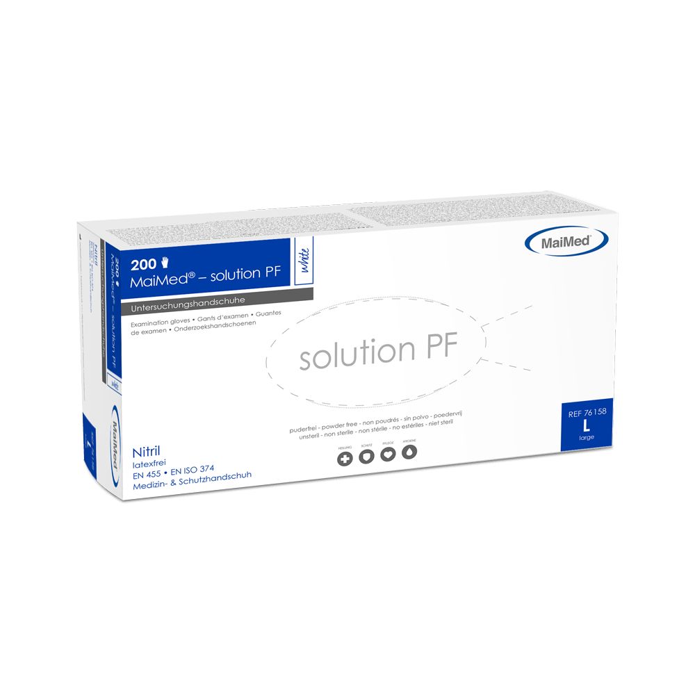 Weiße Schachtel mit blauen Handschuhen. Aufschrift: MaiMed solution PF, Nitril, Größe L, 200 Stück.