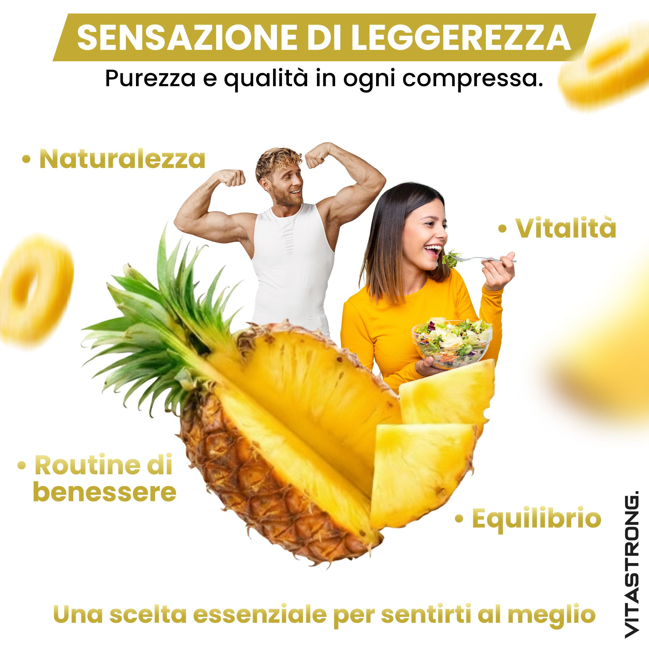 Ein Mann und eine Frau mit Ananas und Salat. Der Mann spannt seine Muskeln an, die Frau isst Salat.
