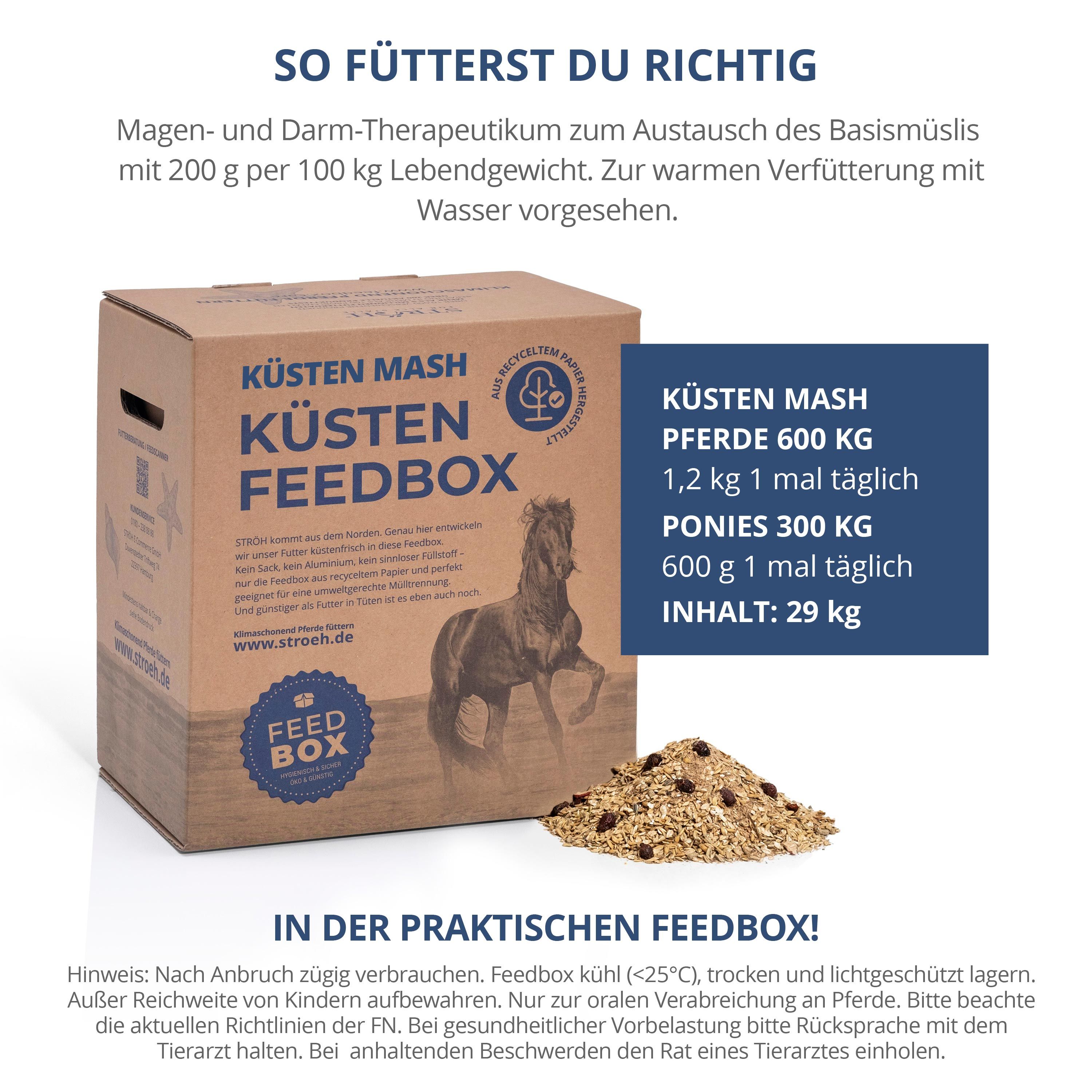 Karton "KÜSTEN MASH FEEDBOX" auf Getreidehaufen. Text: So fütterst du richtig, Dosierung. Logo: Pferd. Inhalt: 29 kg.