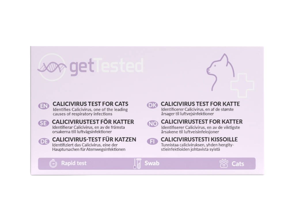 Rechteckige Verpackung mit Text und Logo. Enthält Informationen über den Calicivirus-Test für Katzen in verschiedenen Sprachen.