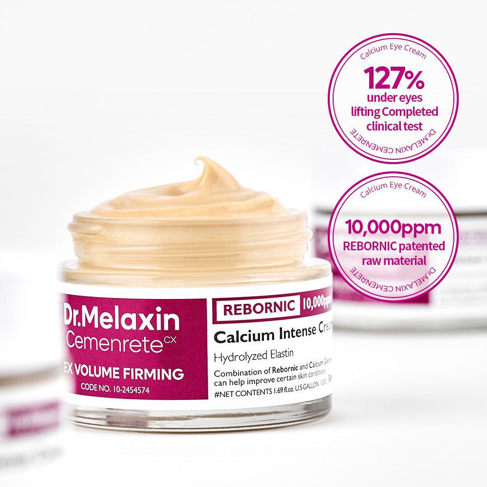 Dr.Melaxin Cementrete Calcium Intense Cream in einem Glasbehälter. Enthält 10.000 ppm REBORNIC patentiertes Rohmaterial.