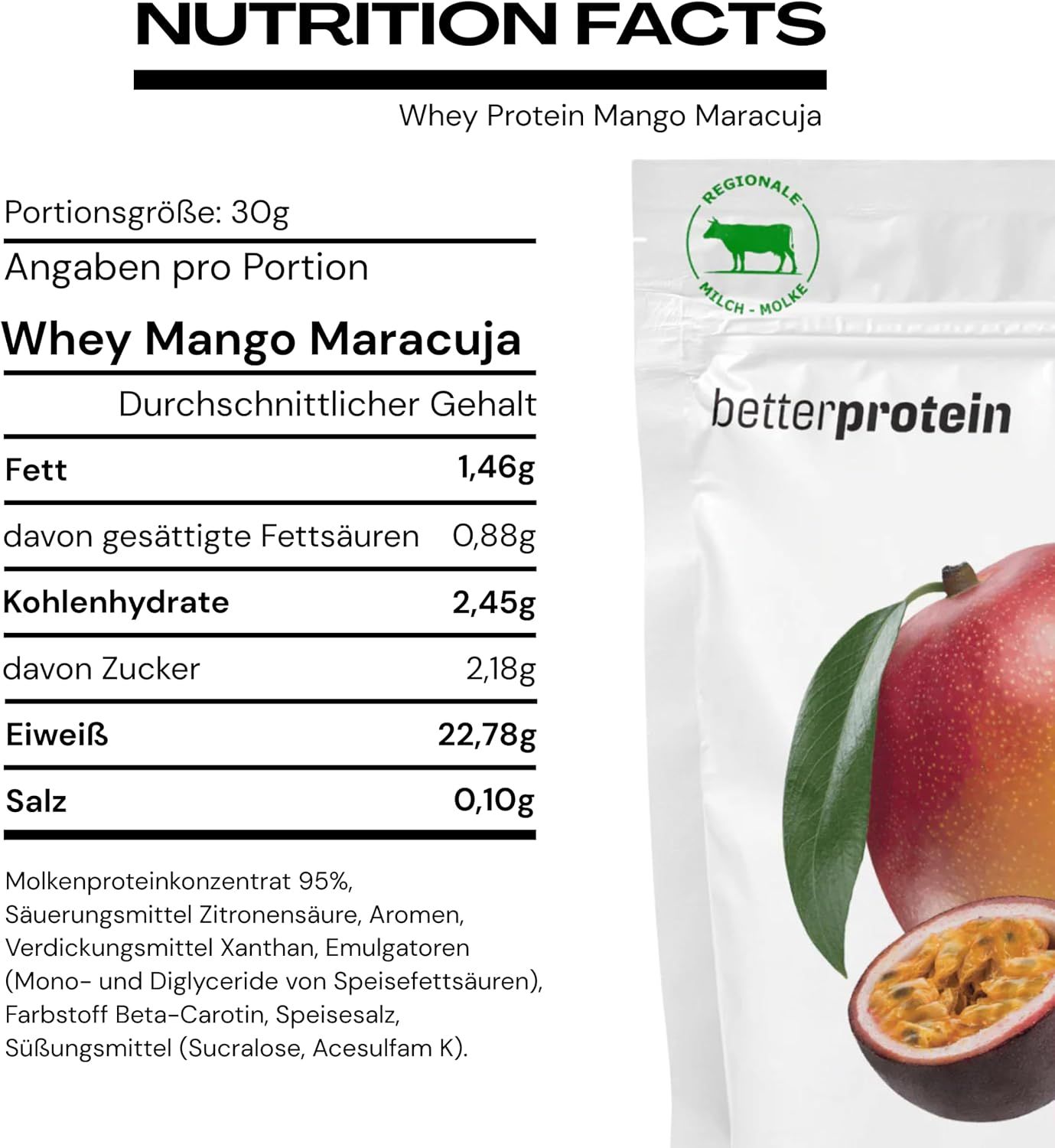 Nährwertangaben für BetterProtein Whey Protein Mango Maracuja, 30g Portion.
