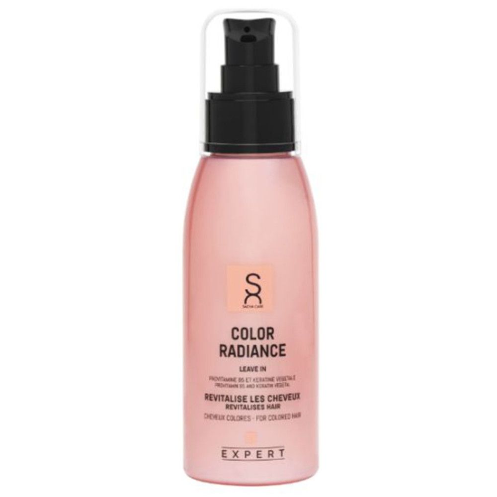 Rosa Flasche mit Pumpspender, "Color Radiance Leave In" Aufschrift.