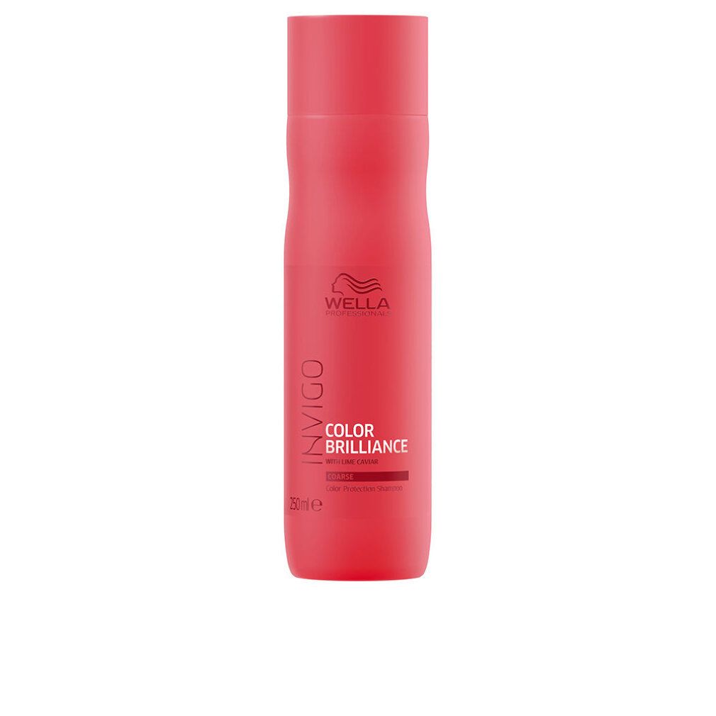 Rote Shampoo-Flasche. Aufschrift: Invigo Color Brilliance. Marke: Wella. Flasche mit rotem Deckel und Etikett.