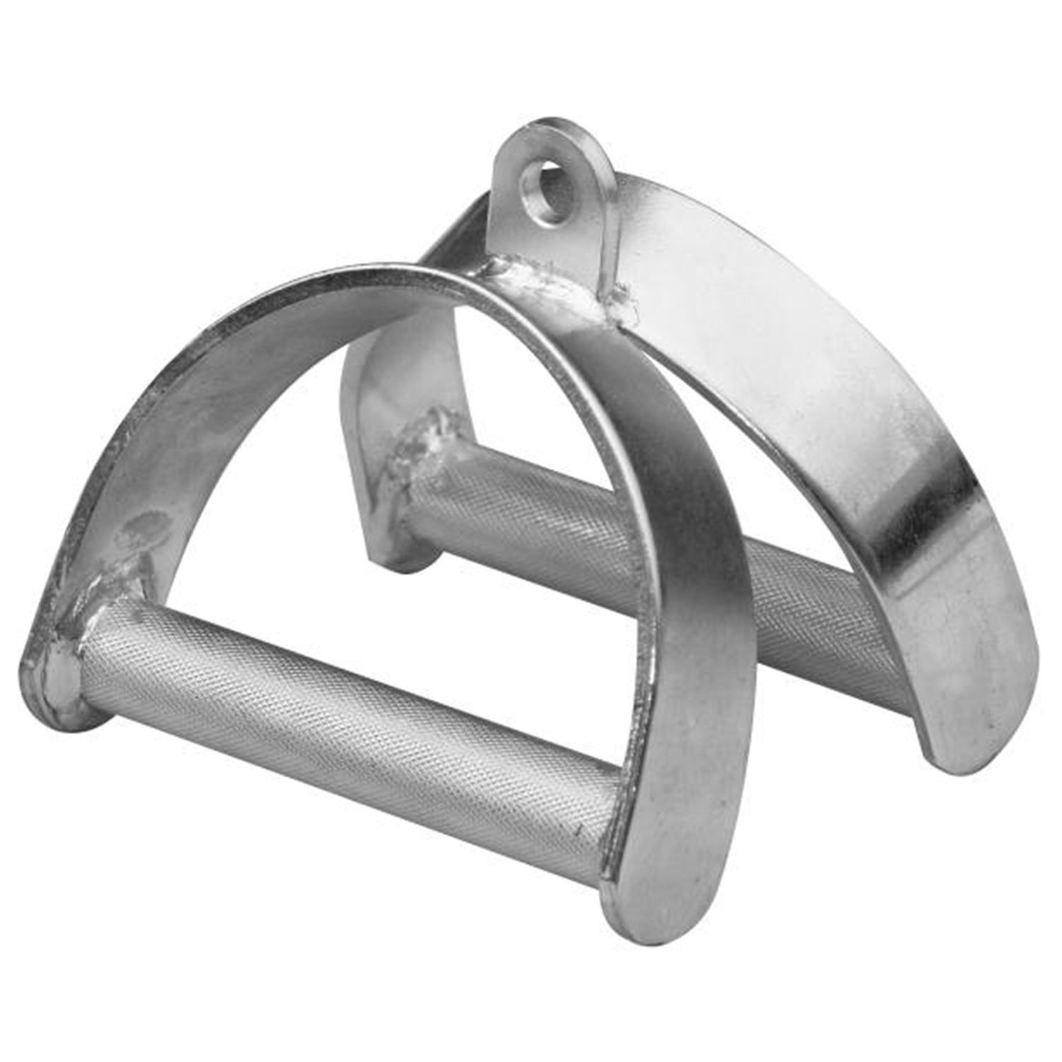 Hufgriff für Seilzug. Silberfarbenes Metall. Zwei Griffe mit geriffelter Oberfläche. Öse zur Befestigung.