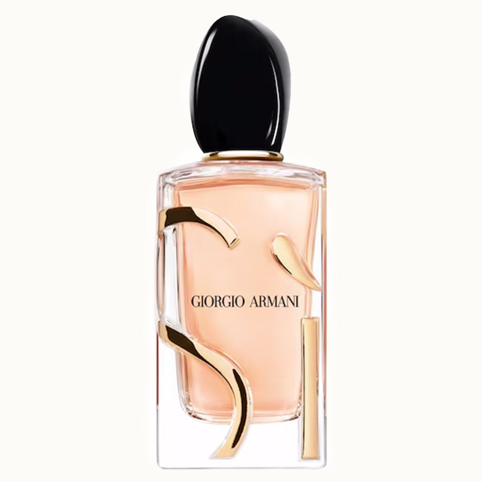Glasflakon mit goldfarbenen Verzierungen. Schwarzer Deckel. Aufschrift: GIORGIO ARMANI.