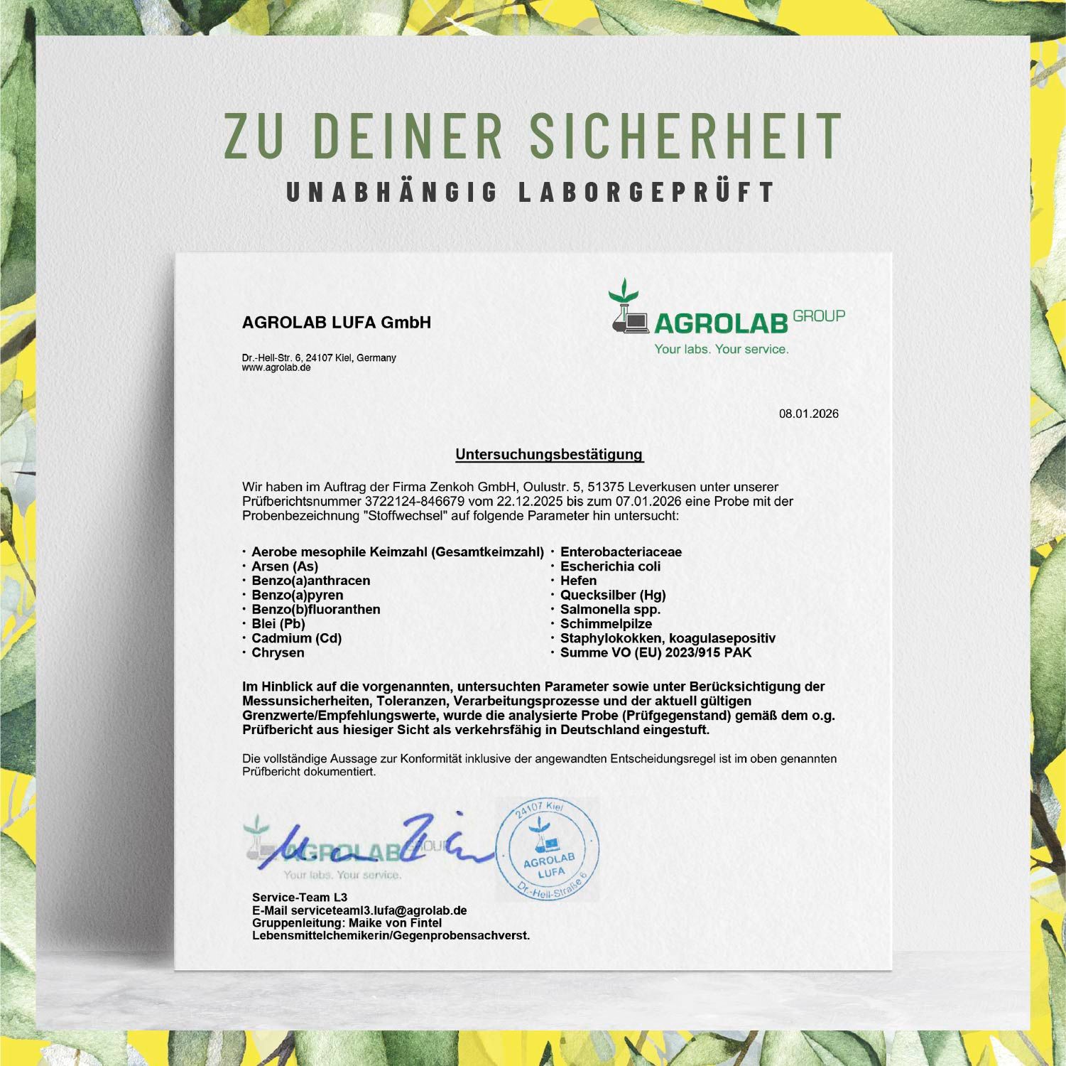 Laborbericht von Agrolab LUFA GmbH. Analyse von Stoffwechsel-Probe. Unterschrift und Stempel. Text: Zu deiner Sicherheit, unabhängig laborgeprüft.
