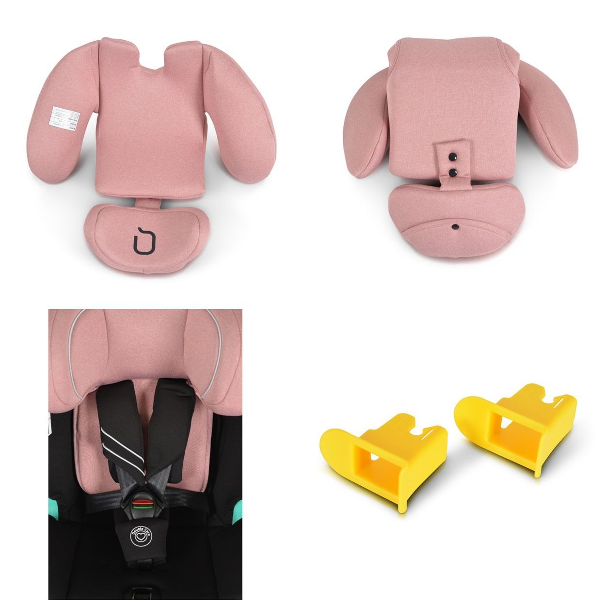Rosa Kindersitz mit schwarzer Basis, Seitenansicht, mit Hinweissymbolen und ISOFIX-Haken.