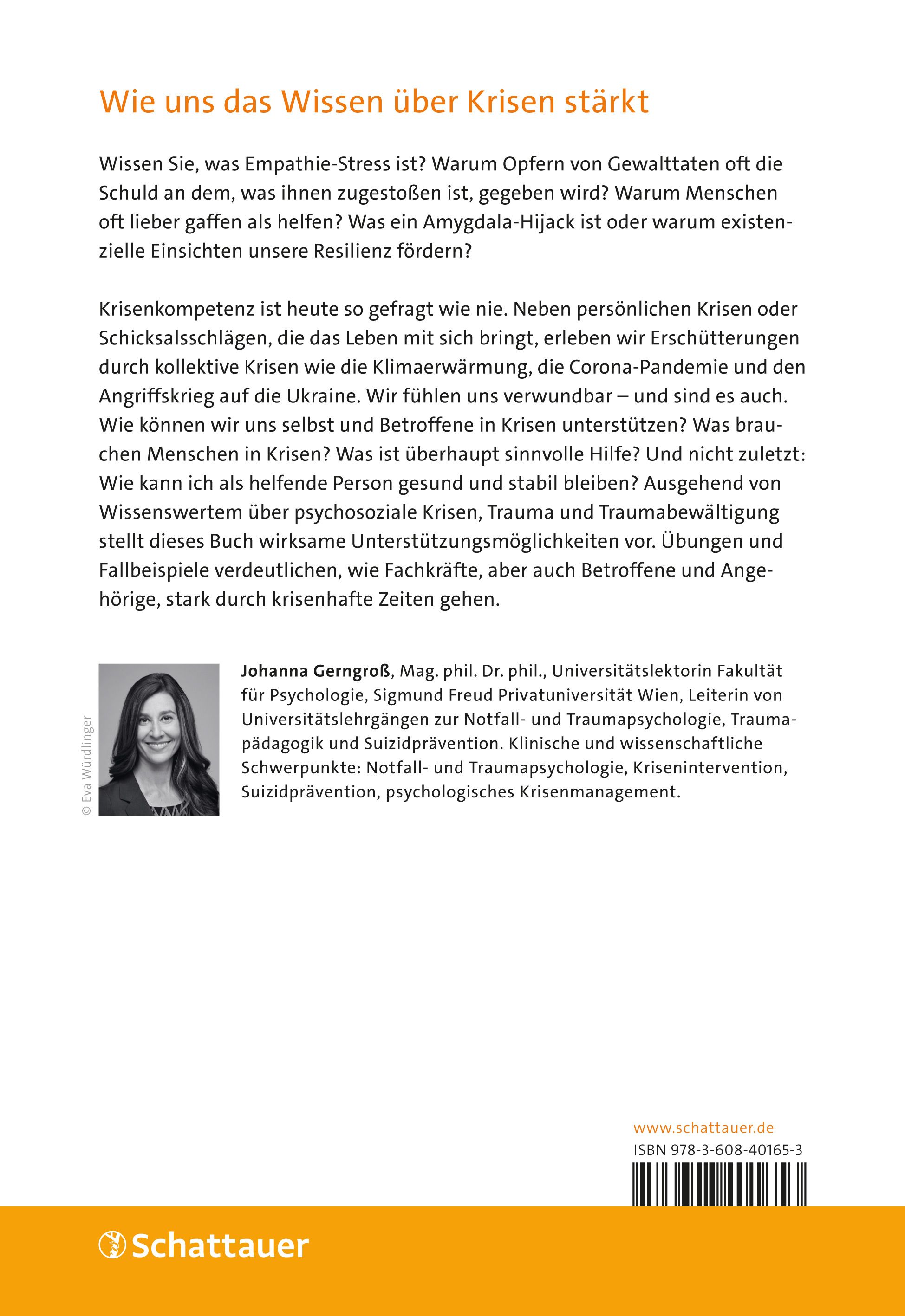 Rückseite des Buches "Stark durch krisenhafte Zeiten". Text, Autorenfoto, Verlag: Schattauer. ISBN-Code.
