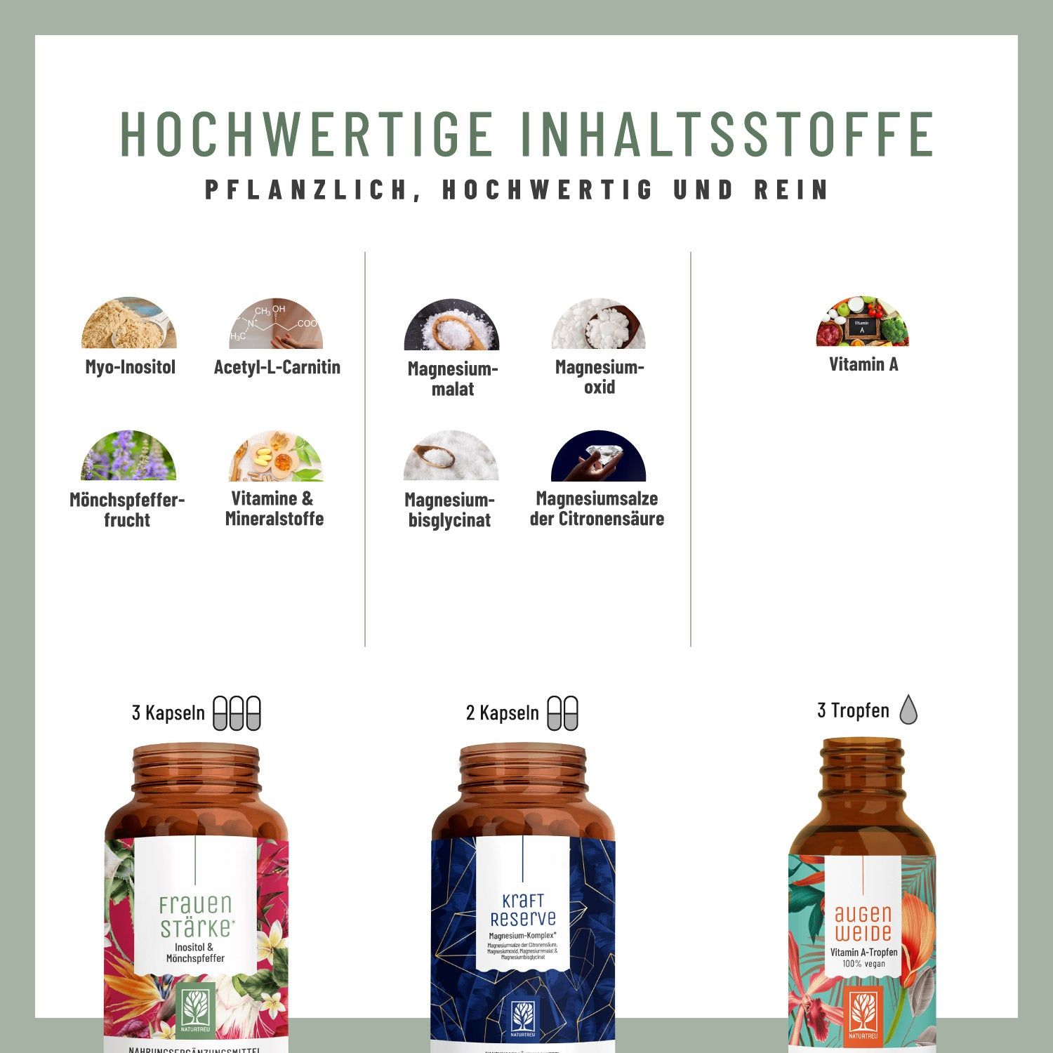 Grafik mit Inhaltsstoffen und Dosierung. Drei Flaschen: FRAUENSTÄRKE, KRAFT RESERVE, AUGENWEIDE. Kapseln und Tropfen.