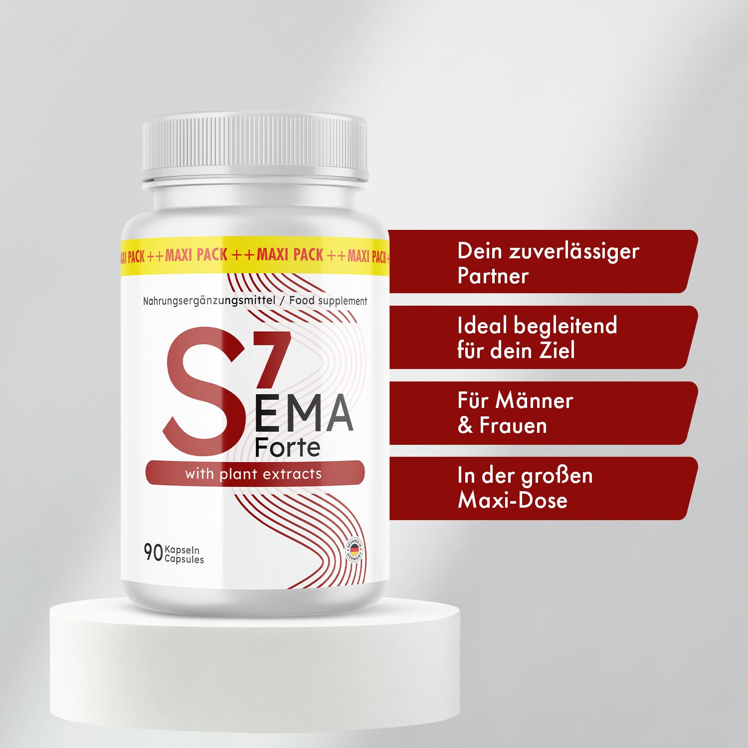 Weiße Flasche mit rotem Etikett. Aufschrift: S7 EMA Forte, mit Pflanzenextrakten. 90 Kapseln. Auf Podest. Textfelder: Dein zuverlässiger Partner, Ideal für dein Ziel.