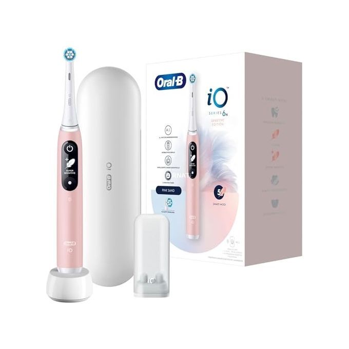 Elektrische Zahnbürste, pink, mit Reiseetui, Ladestation und Ersatzbürsten. Verpackung mit Produktabbildung. Oral-B iO Series 6.