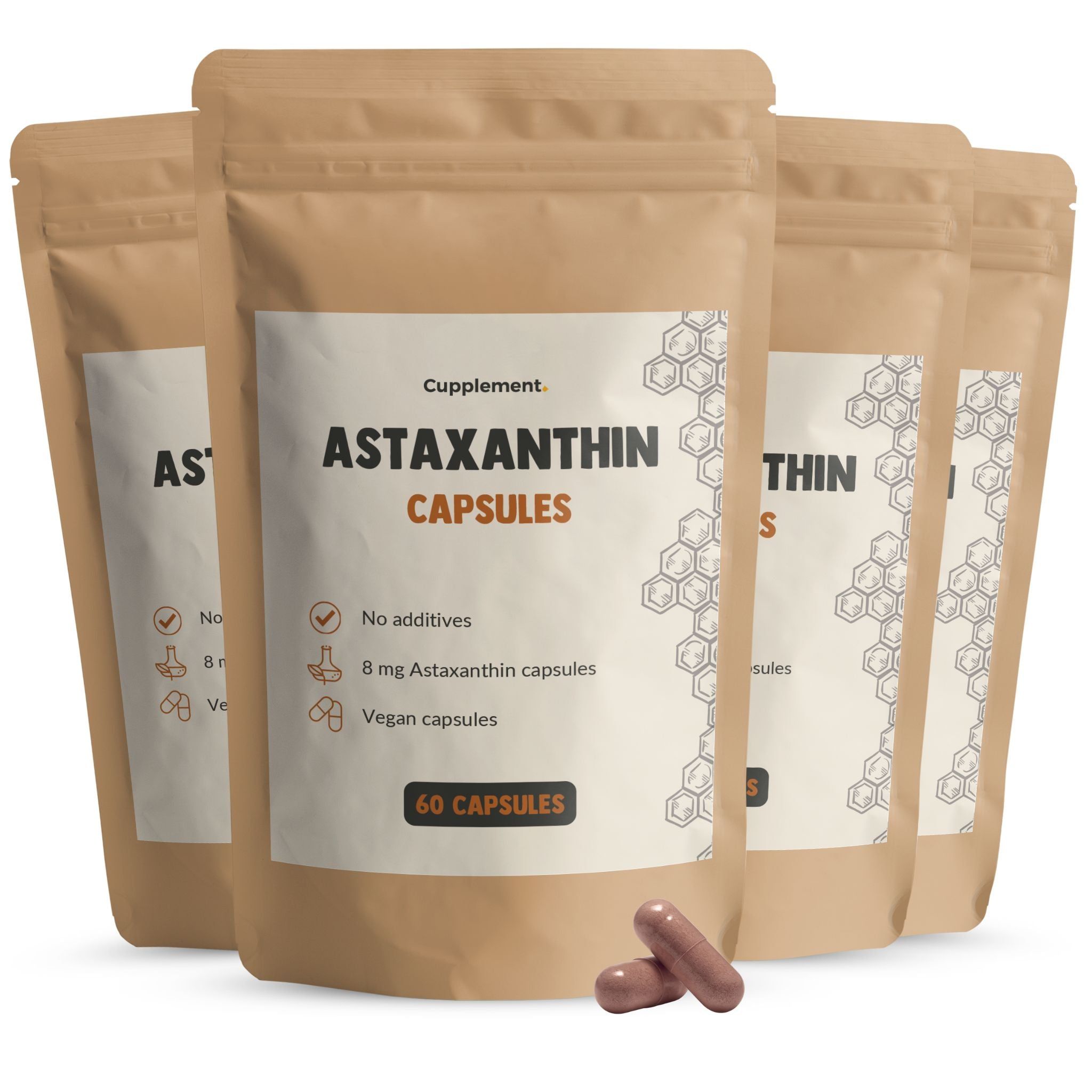 Mehrere Beutel mit Astaxanthin-Kapseln. Aufschrift: Astaxanthin Capsules, 60 Kapseln. Braune Kapseln liegen daneben.