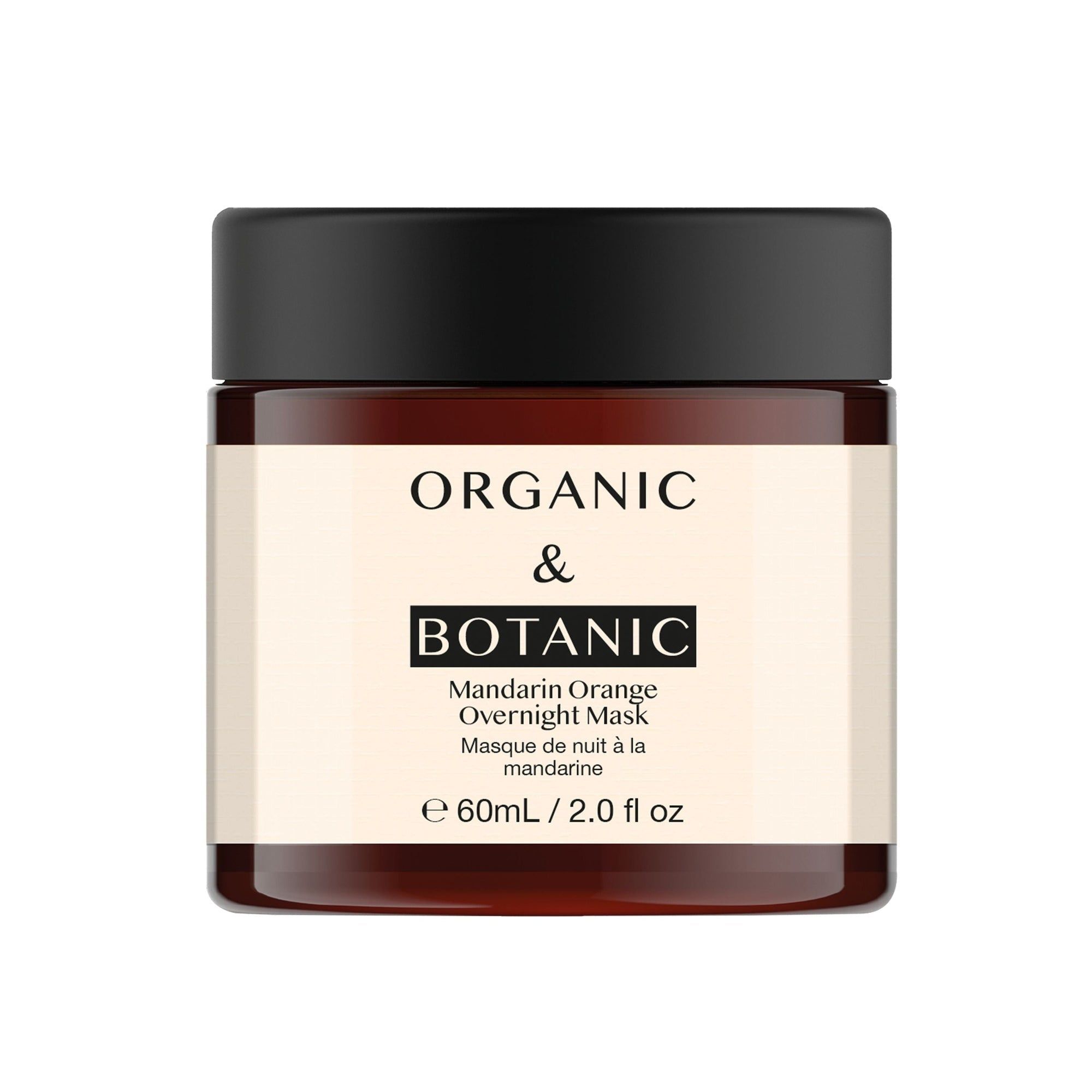 Braune Glasdose mit schwarzem Deckel. Aufschrift: ORGANIC & BOTANIC, Mandarin Orange Overnight Mask. 60ml/2.0 fl oz.