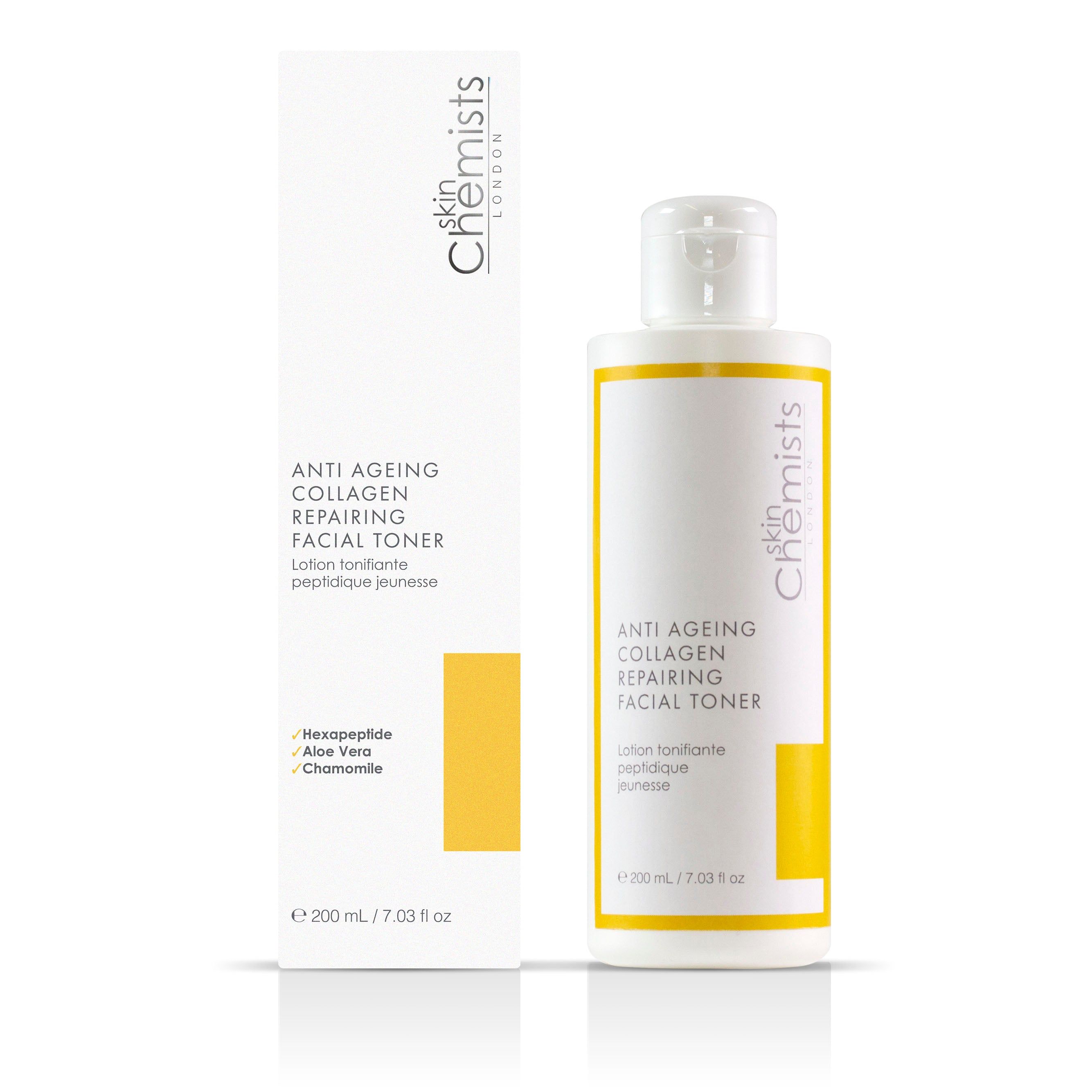 Produktflasche und Verpackung. Flasche: weiß-gelb, Text: Anti-Aging Kollagen reparierender Gesichts-Toner. Verpackung: weiß, Text: Inhaltsstoffe, Marke.