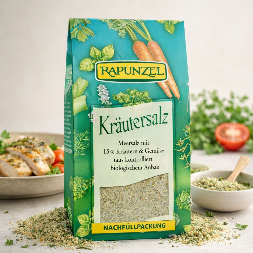 Rapunzel Kräutersalz Nachfüllpackung mit Meersalz, Kräutern und Gemüse aus biologischem Anbau.