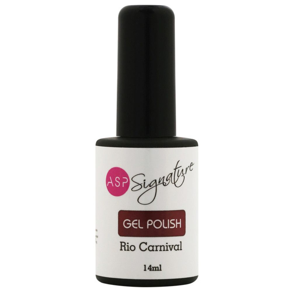 Nagellackflasche mit schwarzem Deckel. Etikett mit ASP Signature, Gel Polish, Rio Carnival und 14ml.