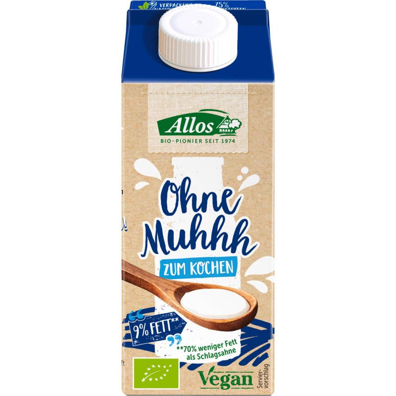 Kartonverpackung mit Aufschrift "Ohne Muhhh zum Kochen". Enthält 9% Fett. Vegan. Bio-Siegel.