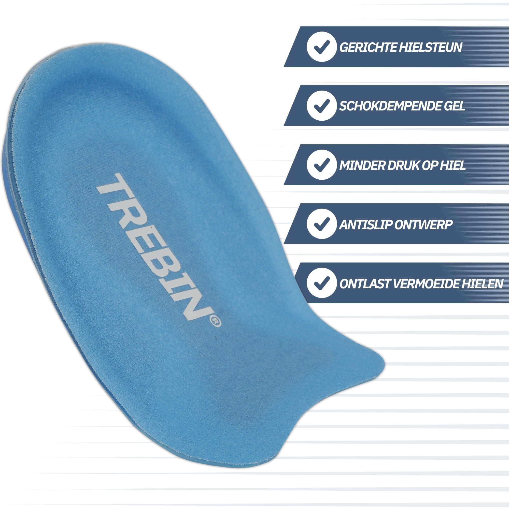 Blaue Ferseneinlage mit der Aufschrift "TREBIN". Bietet gezielte Fersenstütze und stoßdämpfende Gel-Eigenschaften.