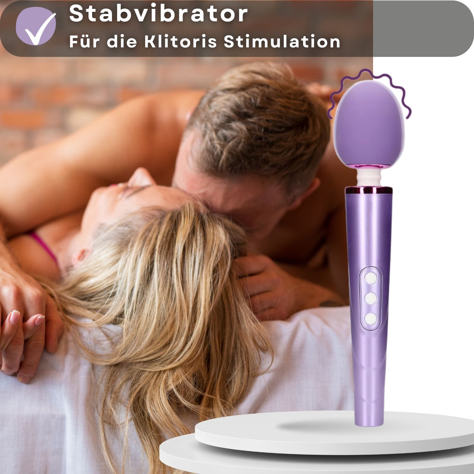 Lila Stabvibrator. Paar im Hintergrund. Text: Für Klitoris-Stimulation.